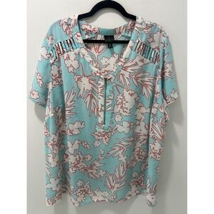 Worthington Woman Floral Zip Neck Blouse Blue Red Ladder Shoulder Plus 3X